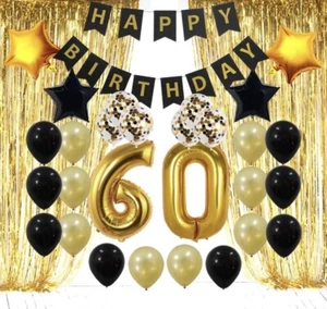 Black and Gold Party Decorations Happy 60 Birthday Confetti Balloons with Banner - Picture 1 of 9
