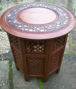 LARGE VINTAGE OCTAGONAL ANGLO/INDIAN  FOLDING   WOODEN SIDE TABLE - Picture 1 of 7