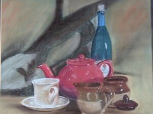 Original pastel drawing signed by P J Woodcock Refreshment time still life