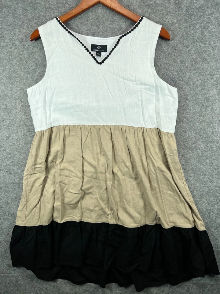 Ronni Nicole Dress Womens Medium White Brown Linen Blend Sleeveles Casual Ladies - Image 1 of 4