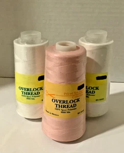 Overlock Thread 100% Spun Polyester Lot of 3- 2 white 1 pink each spool 3000 yds - Picture 1 of 2