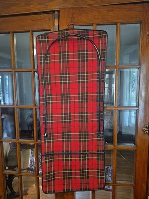 Винтажная дорожная сумка для одежды в клетку красная/черная холщовая виниловая отделка, складной стиль 60-х - Изображение 1 из 4