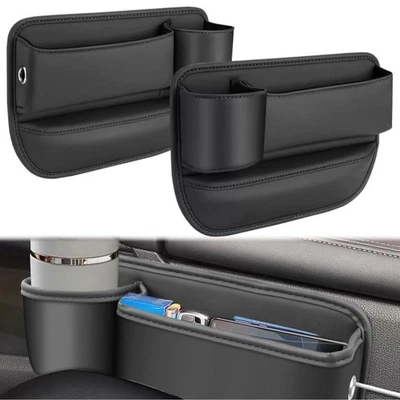 Organizador de relleno de asiento de coche izquierdo + derecho organizador de asiento de coche de cuero con portavasos Foto 1 de 4