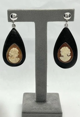 Orecchini In Argento 925 Con Cammei Corniola 20mm A Goccia E Ebano Fatto A Mano - Immagine 1 di 4