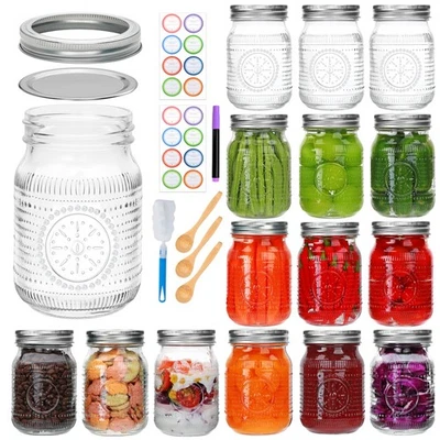 Упаковка из 16 обычных банок для консервирования рта 16 унций с крышками, пинты банки для консервирования с металлом... - Изображение 1 из 4