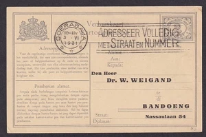 Netherlands Indies 1931 2c Verhuiskaart/PC Soerabaja to Bandoeng - Picture 1 of 2