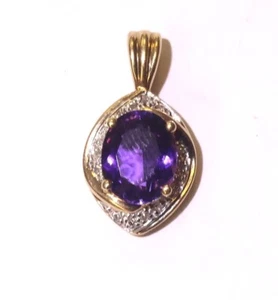 14k yellow gold .07ct diamond amethyst gemstone pendant 3.5g - Picture 1 of 7