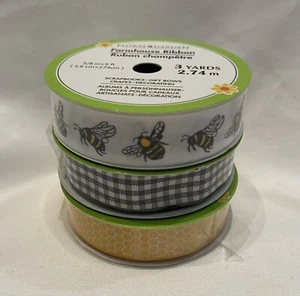 Floral Garden Farmhouse Ribbon - Set of 3 - Bees, Honeycomb, Buffalo Check - NEW - Picture 1 of 6