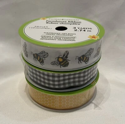 Floral Garden Farmhouse Ribbon - Set of 3 - Bees, Honeycomb, Buffalo Check - NEW - Image 1 of 4