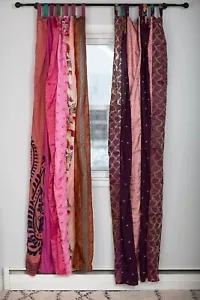 2 Pcs Indian Sari Patchwork Curtain Drape Window Decor Pink Silk Sari Curtain - Picture 1 of 8