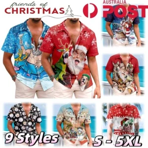 Men Christmas Xmas Shirt Short Sleeve Tee V-Neck Polo Santa Hawaii Beach Tops AU - Picture 1 of 19