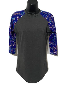 maglietta lularoe randy baseball raglan grigio erica blu camicetta manica floreale XXS - Foto 1 di 10
