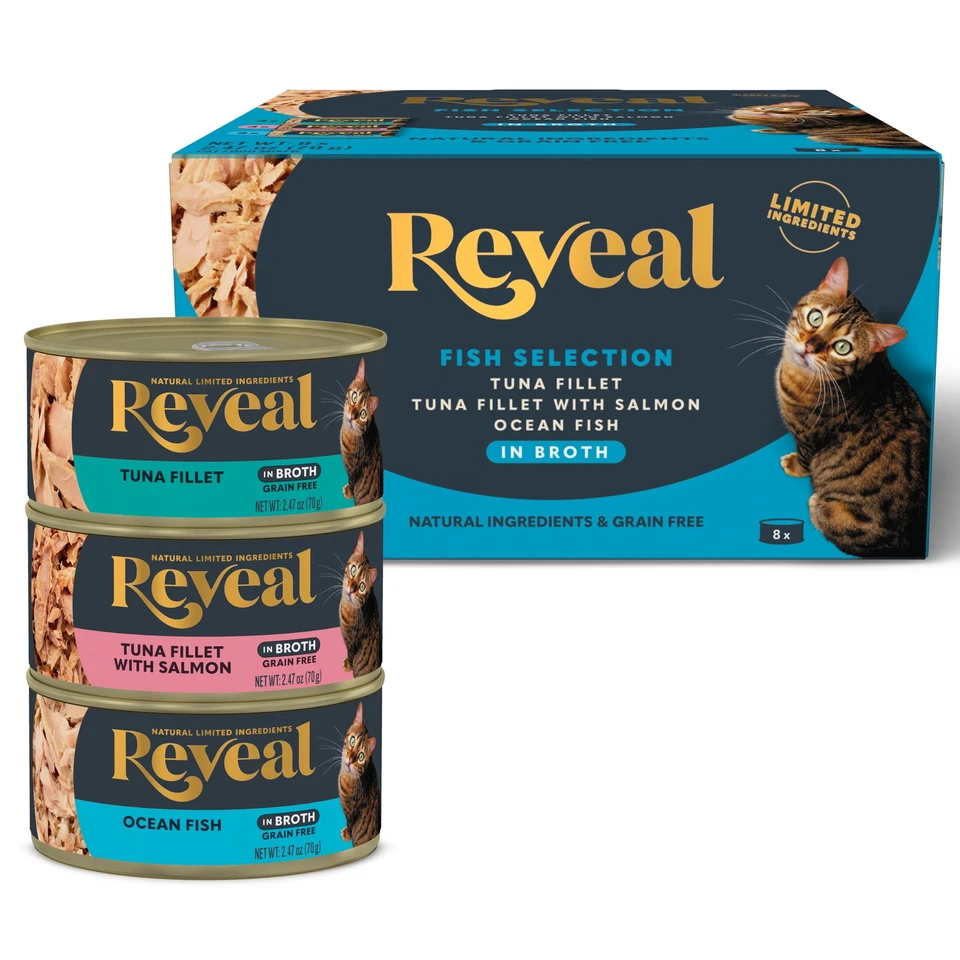 Reveal Comida Húmeda Natural para Gatos, Paquete Variedad Pescado en Caldo, 2.47oz 8 Latas Foto 1 de 4
