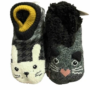 NEW WOMENS SECRET TREASURES FAUX FUR SLIPPER SOCKS (4-10) BLCK/GOLD RABBIT&Cat - Picture 1 of 3