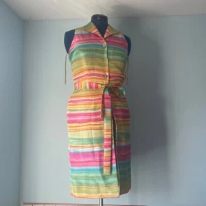 Vintage 90s Old Money David Warren Rainbow Striped Silk Belted Dress size 6 NWT - Picture 1 of 10