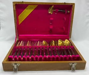 James Bronzeware Dessert Flatware Cutlery TeakWood Thailand Box Vintage 1960s - Picture 1 of 9