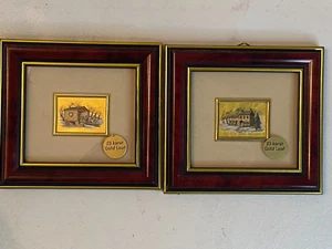 2 hojas de oro de 23 quilates enmarcadas hito artístico hecho en Italia. Puente y casa - Imagen 1 de 6