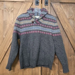 Orvis Lambswool Fair Isle Sweater Gray Shawl Collar Pullover Nordic Knit Teen L - Picture 1 of 9