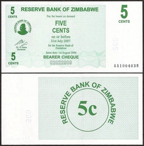 ZIMBABWE 5 Cents BEARER CHEQUE PREFIX AA 2006 P-34 UNC Uncirculated - Picture 1 of 1