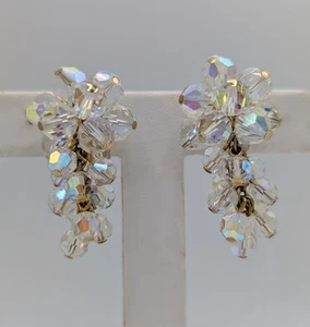 Aurora Borealis Kristall Perlen Cluster Wasserfall Ohrhänger Clip auf Ohrringe Vintage - Bild 1 von 13