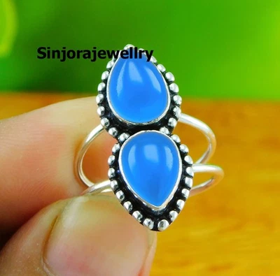Anello fatto a mano in argento sterling 925 con pietra preziosa calcedonio... - Immagine 1 di 4