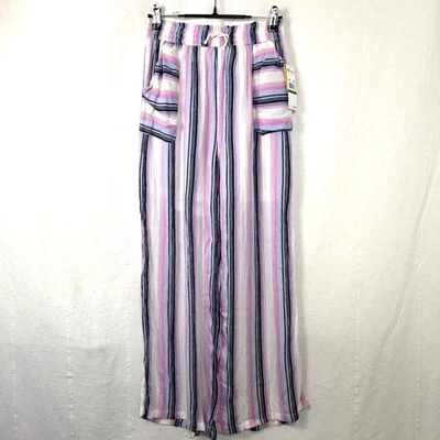 Roxy Beach Pant Big Girl Sz L 10/12 Multicolor Stripe Crop PullOn WideLeg Pocket - Image 1 of 4