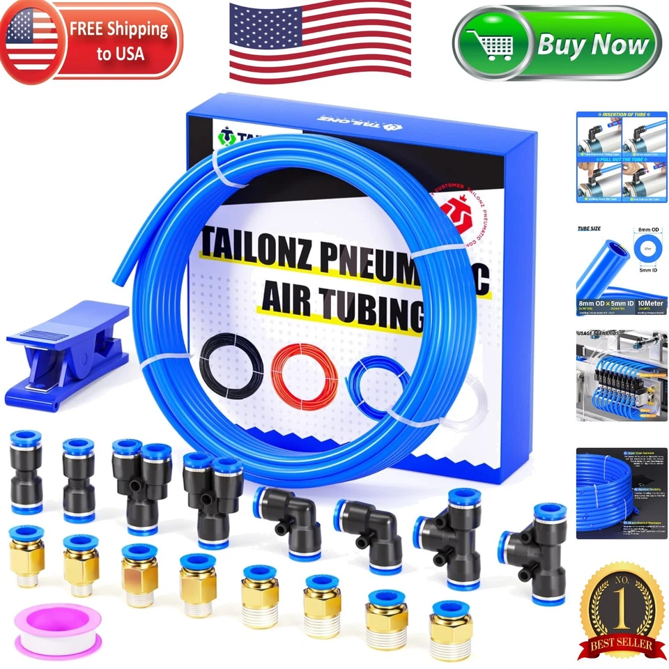 Blue 8mm or 5/16 OD 5mm ID Polyurethane PU Air Hose Pipe Tube Kit 10 Meter