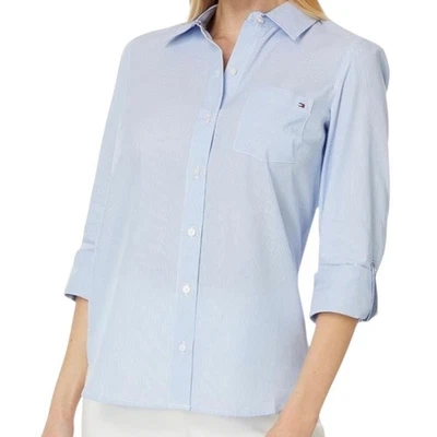 Женская хлопковая рубашка Tommy Hilfiger в тонкую полоску на пуговицах синяя размер M - Изображение 1 из 3