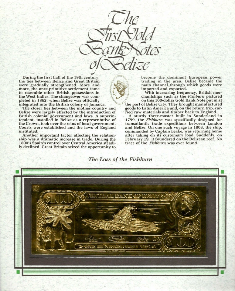 Billete de 100 dólares de Belice UNC 1981 oro 22kt - Fishburn - RARO Foto 1 de 1