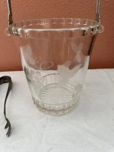 Antique Crystal Grape Vine Etched Glass Ice Bucket w/ Tongs - Picture 1 of 6