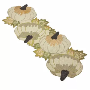 Nicole Miller Pumpkin Patch Tan Autumn Fall Pumpkins Beaded 36" Table Runner  - Picture 1 of 1
