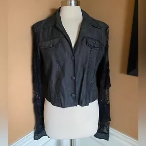 Sandy Starkman Gray Black Chambray Lace Sleeve Sequin Cropped Jacket Size L Y2K - Picture 1 of 9