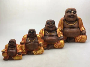 4x Happy Buddha Rosso Marrone Arancione Oro Fatto a Mano Suar Legno - da 10cm a 25cm - Foto 1 di 11