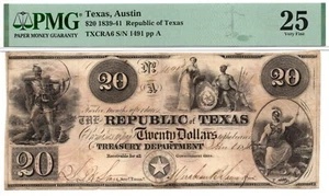 1839-41 20 $ Republik Texas, Austin veralteter Schein - PMG SS25! Beliebte Ausgabe! - Bild 1 von 3