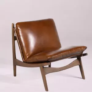 Sherlock Occasional Chair Real Brown Leather Seat Club Style Wooden Frame - Picture 1 of 7