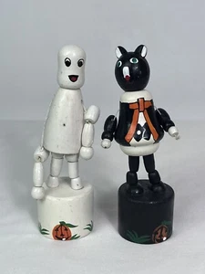 2 Vtg Halloween Push Button Collapsible Dancing Toy Puppet Wood Ghost /Black Cat - Picture 1 of 8
