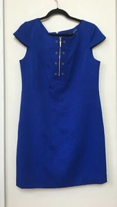 New $129 Ellen Tracy Stylish Blue w gold Zipper Textured Shift Lined Dress Sz 8P - Picture 1 of 7