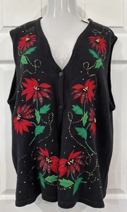 Bobbie Brooks Ugly Christmas Sweater Vest Black Red Poinsettias Women's XL - Picture 1 of 8