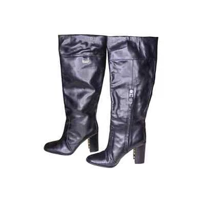 Diane Von Furstenberg Black Leather Boots High Heel U Shape Silver Tall Boot 8M - Picture 1 of 6