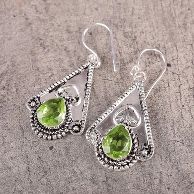 Cyber Monday Deal Natural Peridot Dangle Drop Wedding Earrings Sterling Silver - Image 1 of 4