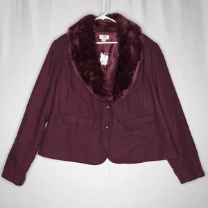 Cato Jacket Womans 26/28 Burgundy Wool Blend Button V-Neck Removeable Fur Collar - Picture 1 of 10
