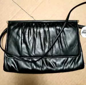 Vintage Mardane USA schwarz Leder Abend Schultertasche Clutch mit Riemen - Bild 1 von 13