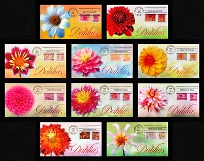 Juego de 10 estampillas de dalia 2025 FDC: Cachets Ciccolella Foto 1 de 4