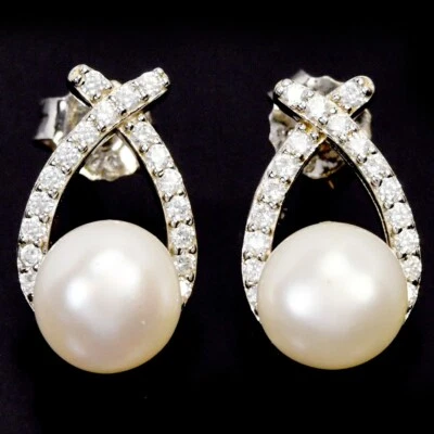925 STERLING SILVER STUD EARRING NATURAL WHTIE PEARL ROUND CABOCHON 10 MM. & CZ - Image 1 of 4