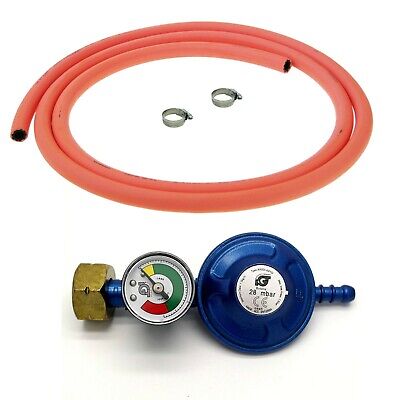 SCREW ON BUTANE GAS BOTTLE REGULATOR WITH GAS LEVEL INDICATOR 2m HOSE AND CLIPS • 19.95£