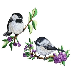Large Chickadee Applique Patch Set - Birds on Branches, Flowers, Leaves 2-Pack - Picture 1 of 3