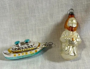 2 Vintage Glass Christmas Ornaments Steamship Little Girl West Germany - Picture 1 of 12