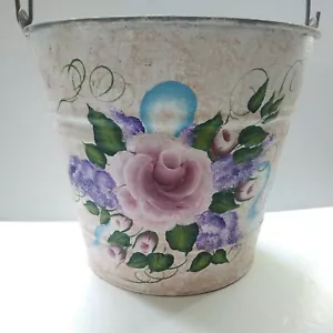 VINTAGE GALVANIZED PAINT BUCKET PAIL RUSTIC DECOR with floral paint - Picture 1 of 11