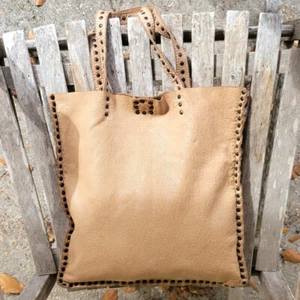 Officina ORIGI Italy Beige Studded Distressed Leather Tote Bag w/ Pouch - Picture 1 of 9