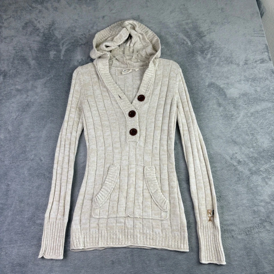 Roxy Womens S Beige Marled Ribbed Hoodie Sweater Kangaroo Pocket Buttons 90s Y2K - Image 1 of 4